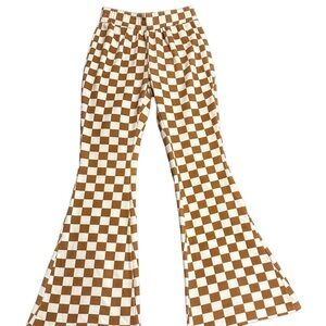 Woman Checkered Brown and White Sweat Pants Bell Bottoms